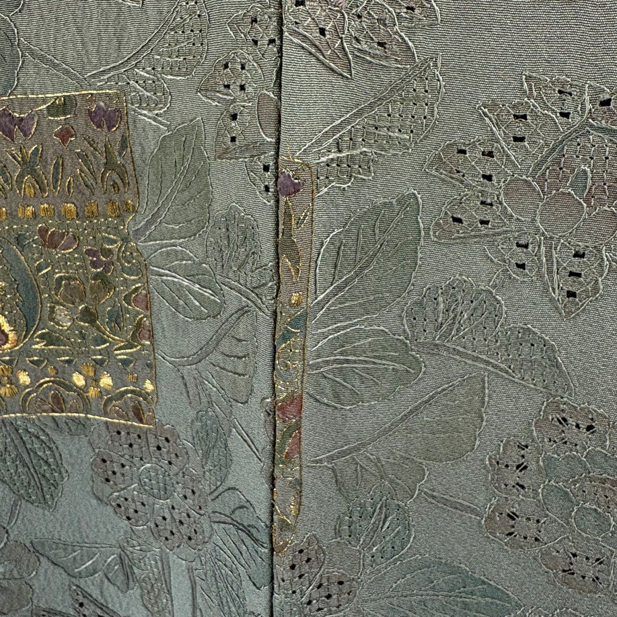 【美品】訪問服 身長162.5cm 袖長65.5cm M 雙層 袋帶套裝 草花紋紋 破れ色紙 金糸刺繡 山吹茶 純蠶絲 秀品級