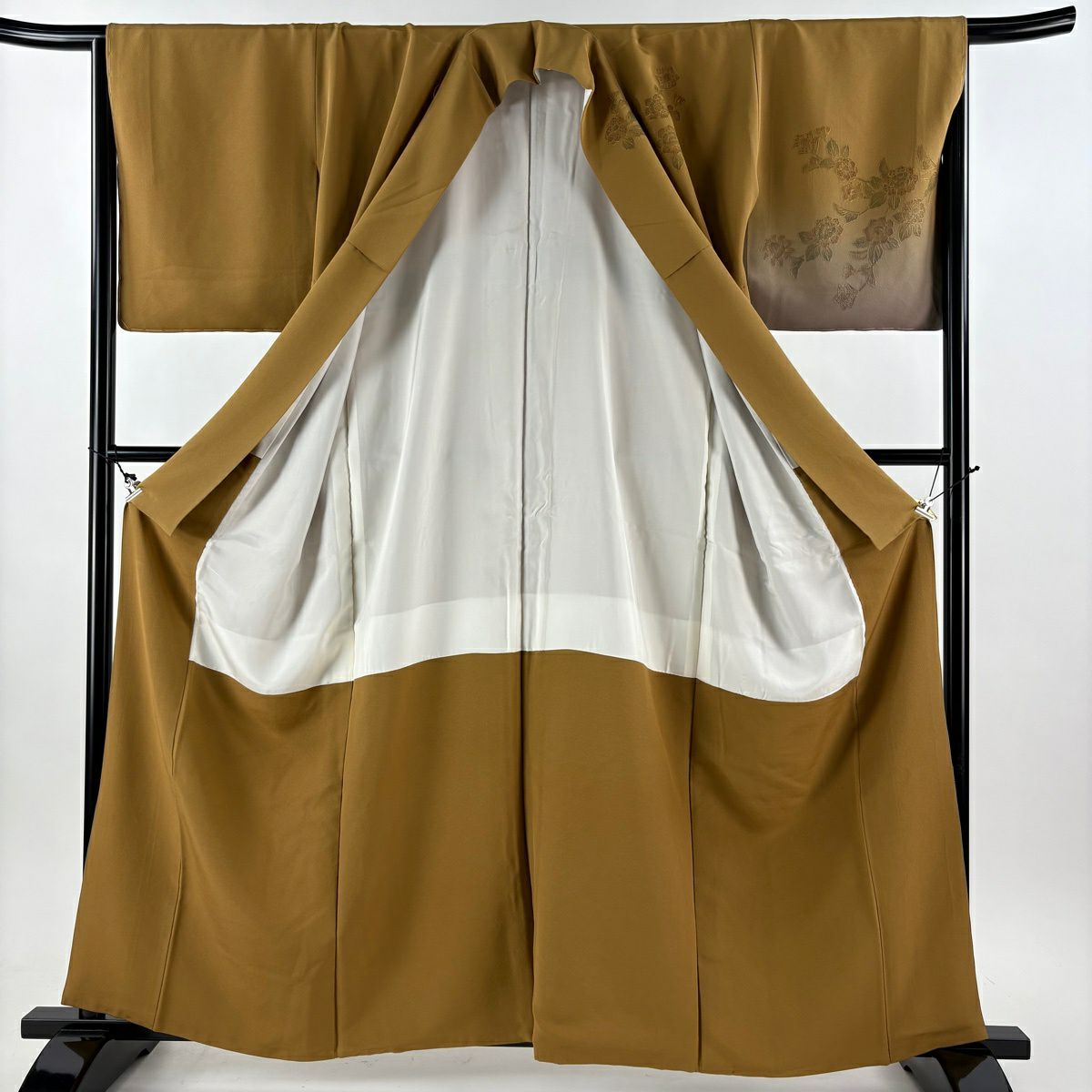 【美品】訪問服 身長162.5cm 袖長65.5cm M 雙層 袋帶套裝 草花紋紋 破れ色紙 金糸刺繡 山吹茶 純蠶絲 秀品級