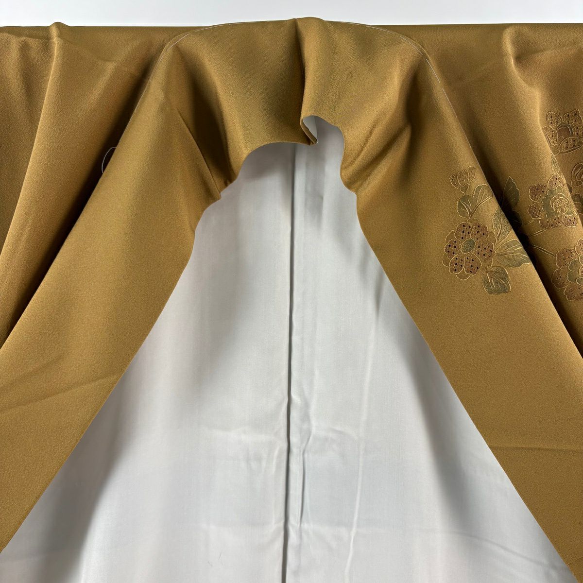 【美品】訪問服 身長162.5cm 袖長65.5cm M 雙層 袋帶套裝 草花紋紋 破れ色紙 金糸刺繡 山吹茶 純蠶絲 秀品級