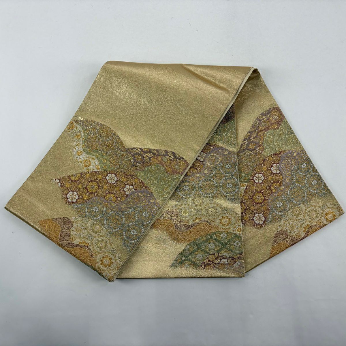 【美品】訪問服 身長162.5cm 袖長65.5cm M 雙層 袋帶套裝 草花紋紋 破れ色紙 金糸刺繡 山吹茶 純蠶絲 秀品級