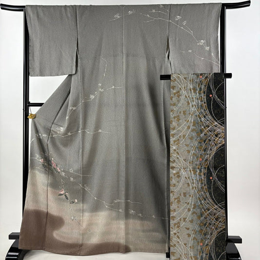 【美品】訪問服 身長169cm 袖長65cm M 雙層 袋帶套裝 椿 霞 絞染 漸層 灰綠 純蠶絲 優品級