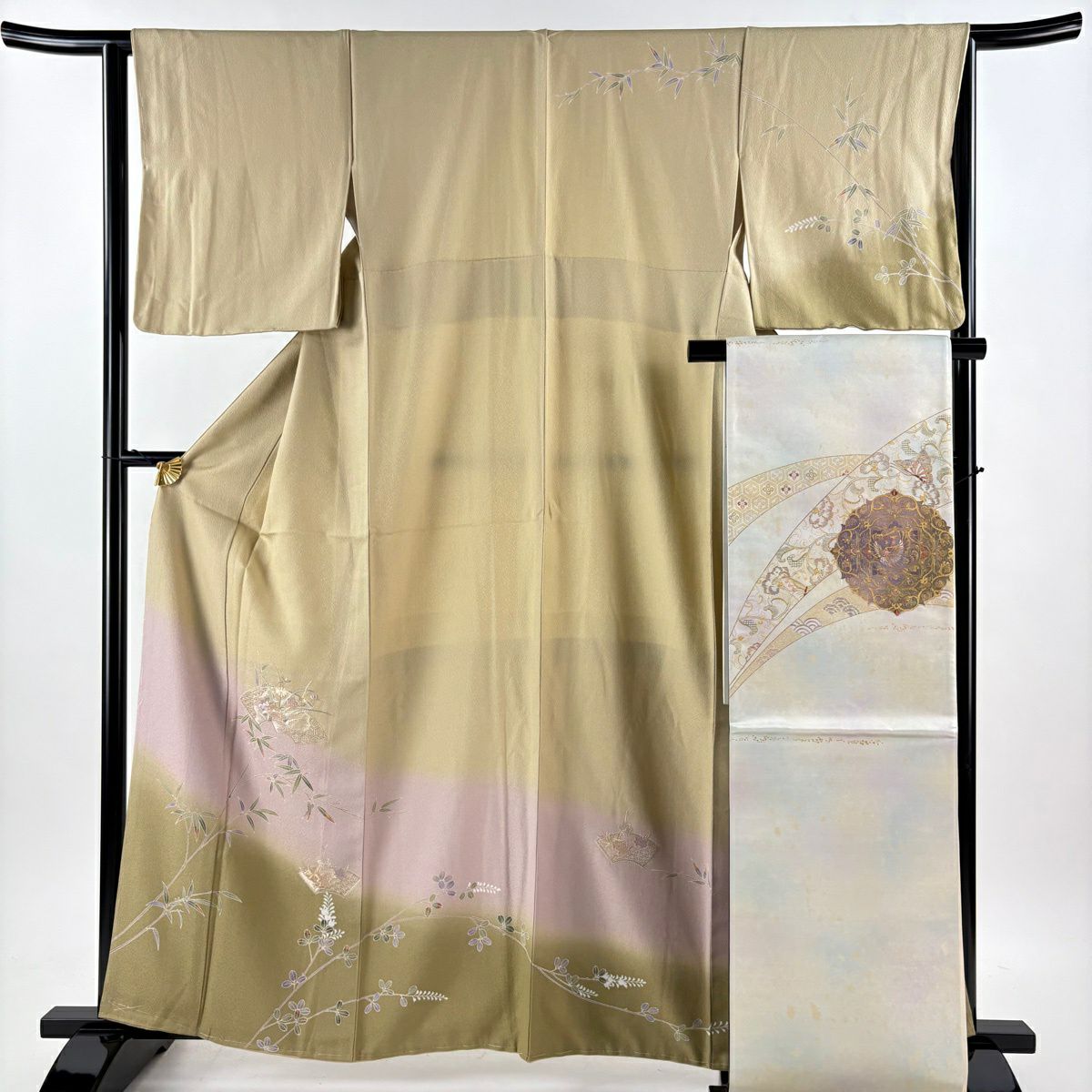 【美品】訪問服 身長162cm 袖長64cm M 雙層 袋帶套裝 扇子面 笹 刺繡 漸層 米色 純蠶絲 優品級