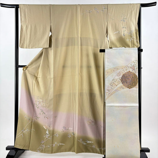 【美品】訪問服 身長162cm 袖長64cm M 雙層 袋帶套裝 扇子面 笹 刺繡 漸層 米色 純蠶絲 優品級