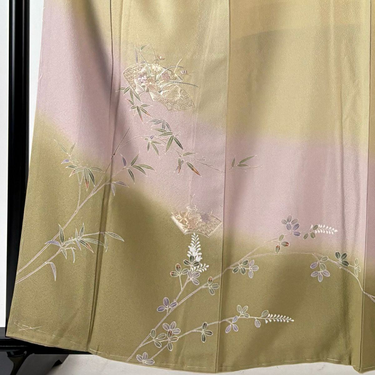 【美品】訪問服 身長162cm 袖長64cm M 雙層 袋帶套裝 扇子面 笹 刺繡 漸層 米色 純蠶絲 優品級