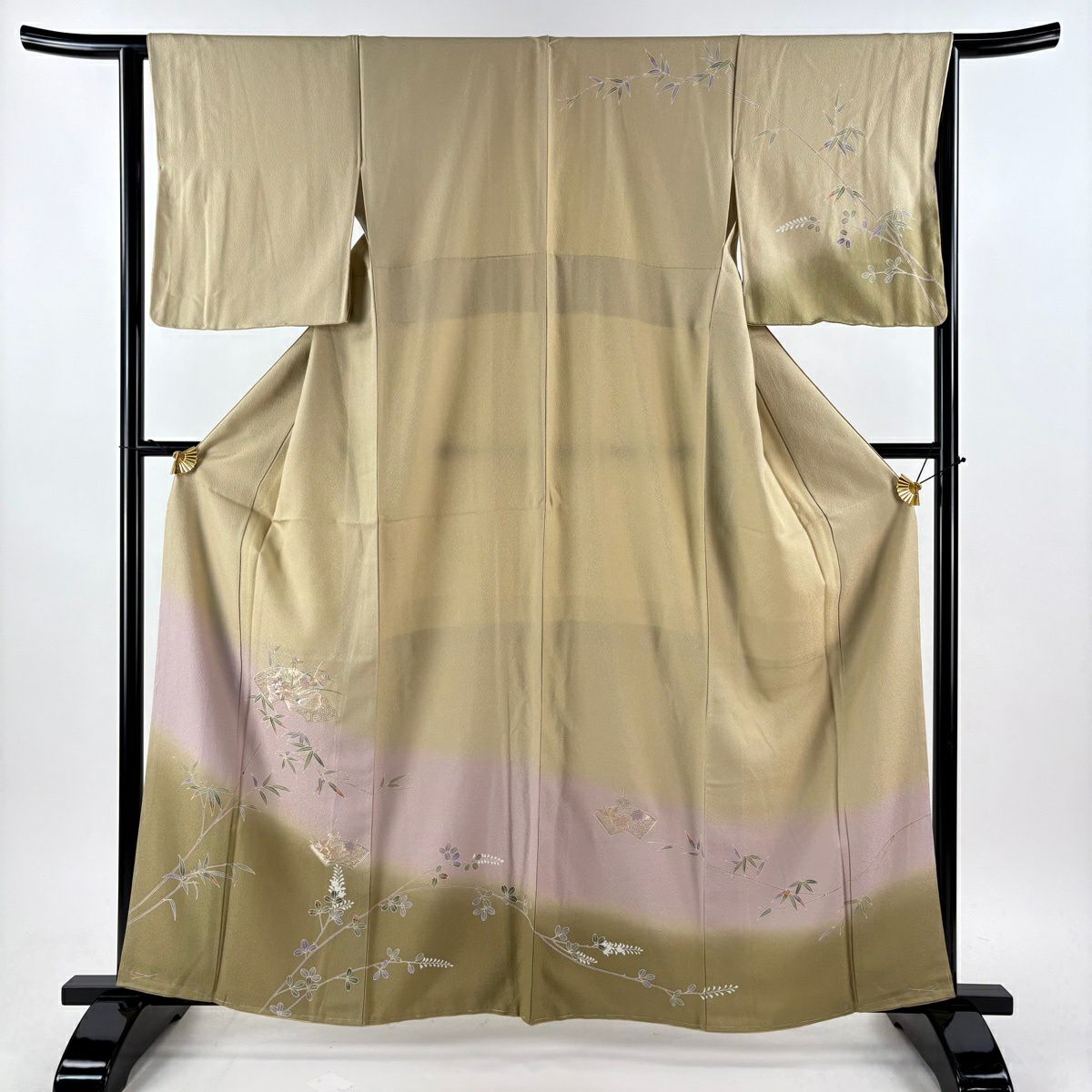 【美品】訪問服 身長162cm 袖長64cm M 雙層 袋帶套裝 扇子面 笹 刺繡 漸層 米色 純蠶絲 優品級