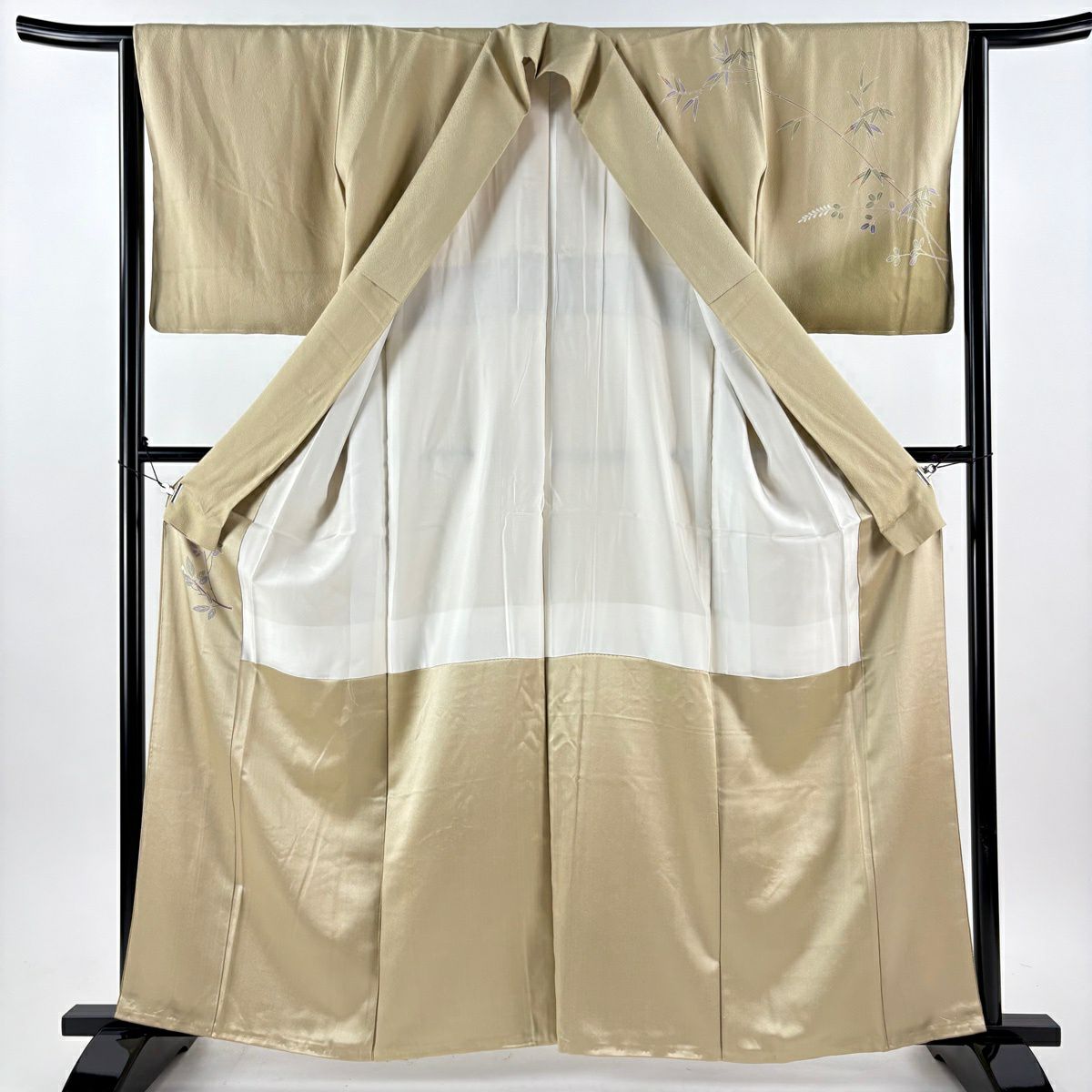 【美品】訪問服 身長162cm 袖長64cm M 雙層 袋帶套裝 扇子面 笹 刺繡 漸層 米色 純蠶絲 優品級