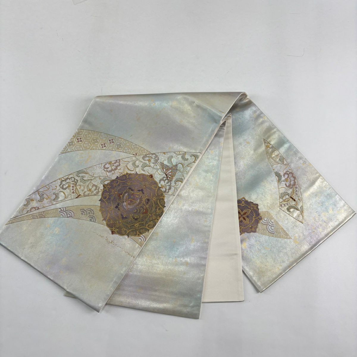 【美品】訪問服 身長162cm 袖長64cm M 雙層 袋帶套裝 扇子面 笹 刺繡 漸層 米色 純蠶絲 優品級