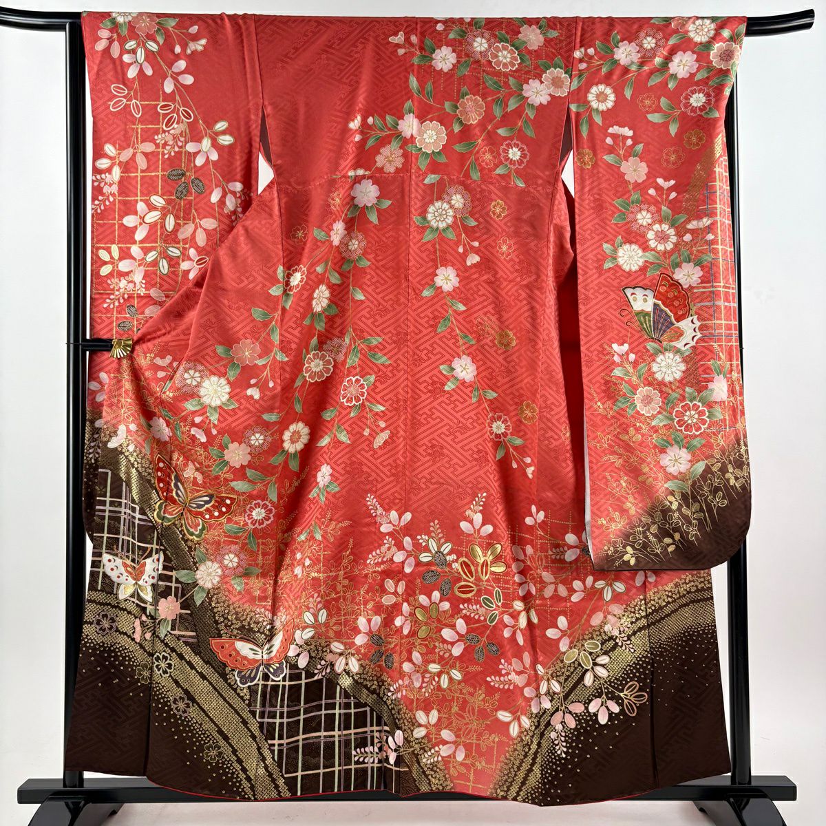 【美品】振袖禮服 身長158.5cm 袖長67cm M 雙層 袋帶全套 蝶 樹垂櫻 金絲 金銀彩 茜 純蠶絲 優品級