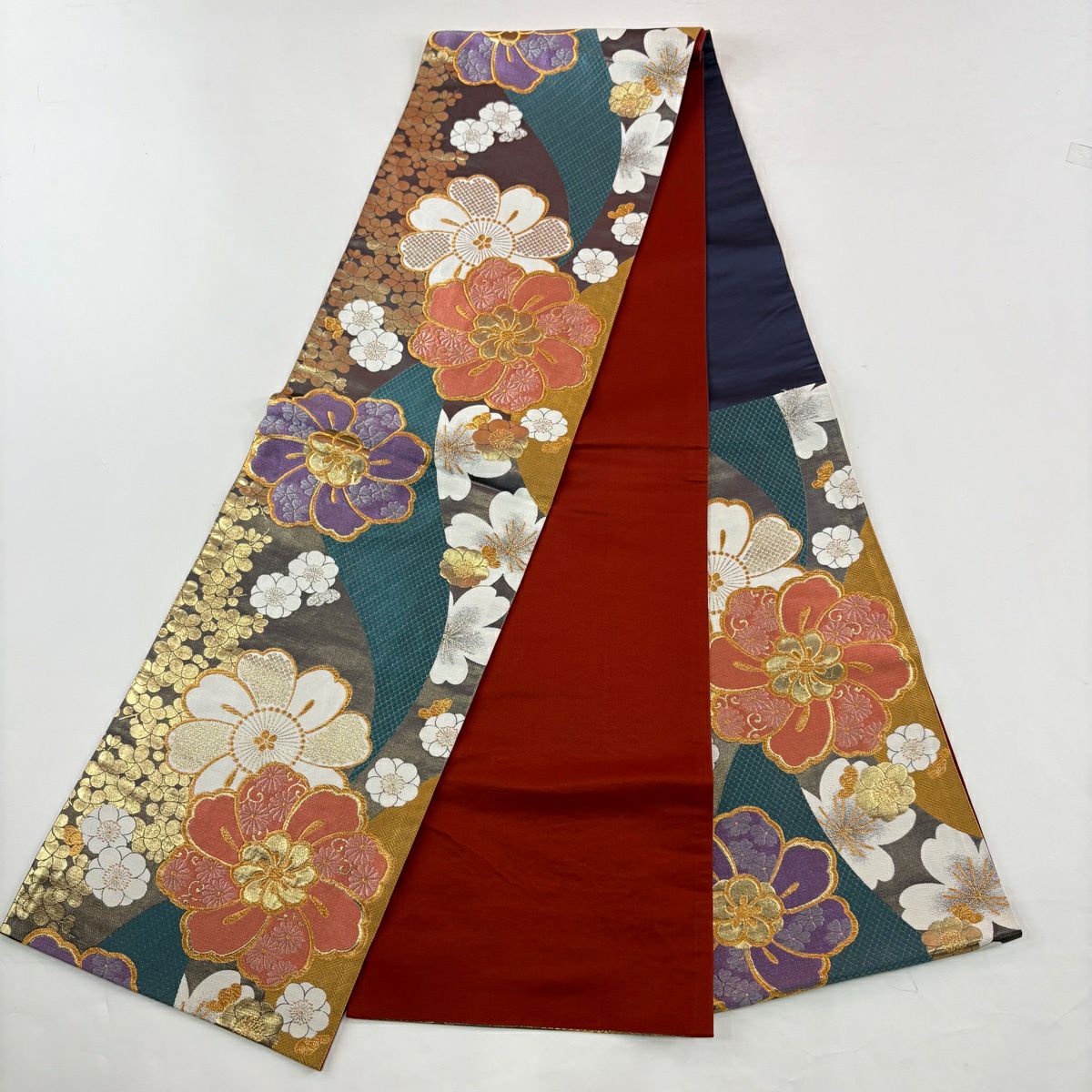【美品】振袖禮服 身長158.5cm 袖長67cm M 雙層 袋帶全套 蝶 樹垂櫻 金絲 金銀彩 茜 純蠶絲 優品級