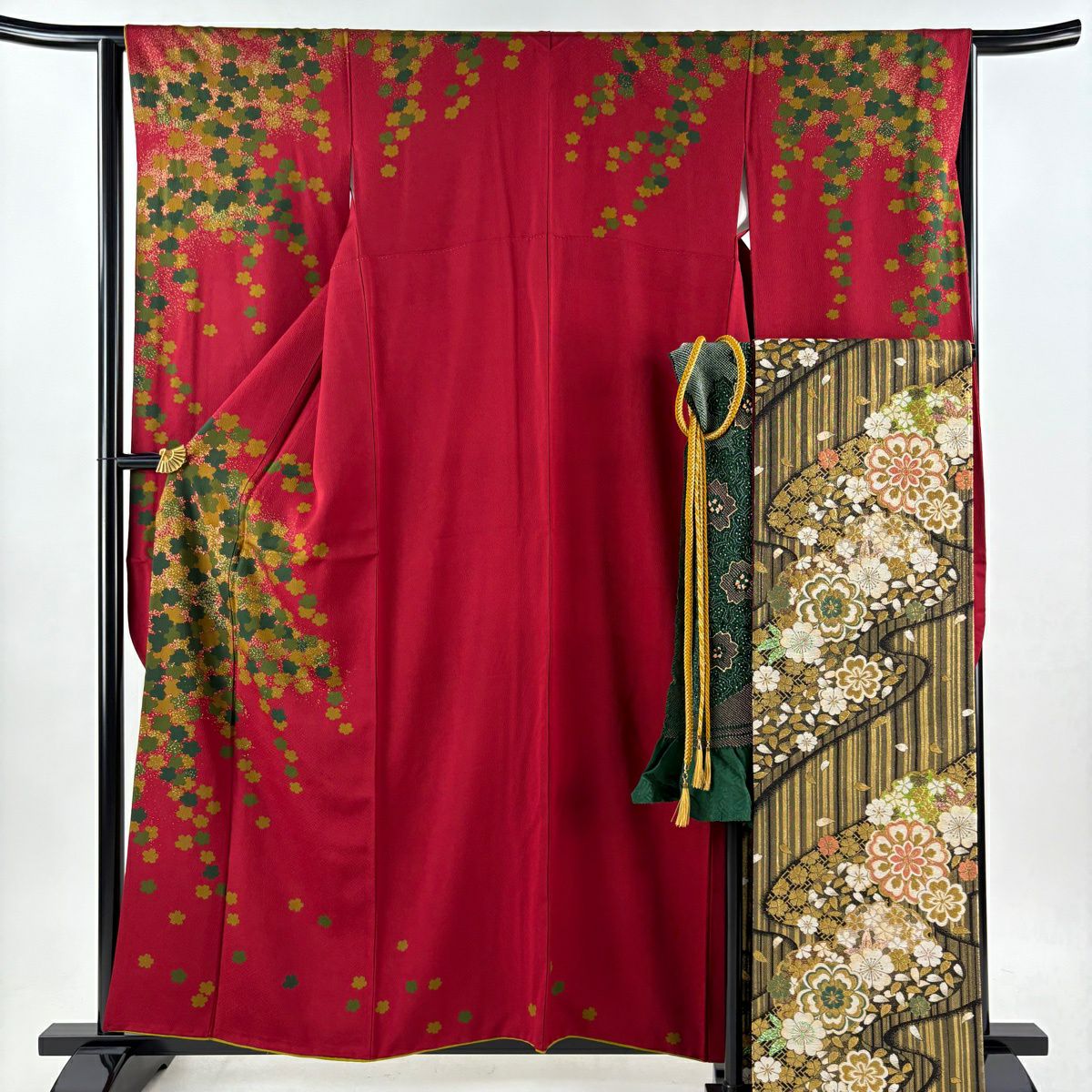 【美品】振袖禮服 身長159cm 袖長64.5cm M 雙層 袋帶全套 樱花地紋 金彩裝飾 深紅 純蠶絲 優品級