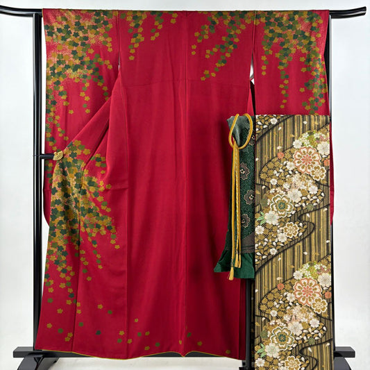【美品】振袖禮服 身長159cm 袖長64.5cm M 雙層 袋帶全套 樱花地紋 金彩裝飾 深紅 純蠶絲 優品級