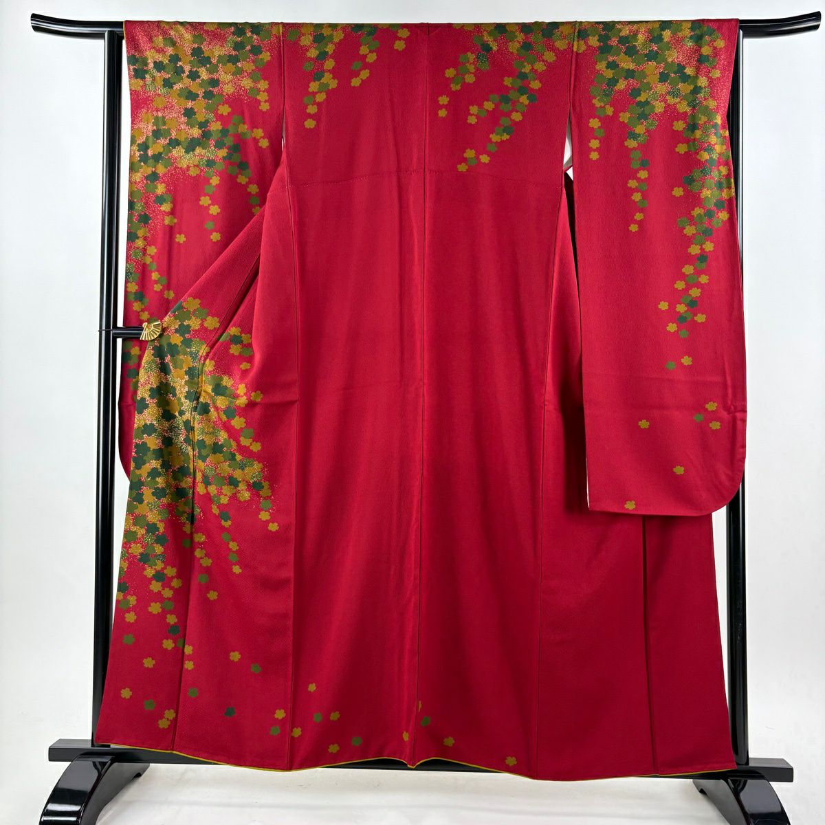 【美品】振袖禮服 身長159cm 袖長64.5cm M 雙層 袋帶全套 樱花地紋 金彩裝飾 深紅 純蠶絲 優品級