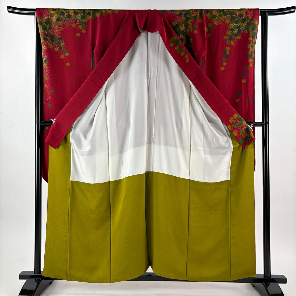 【美品】振袖禮服 身長159cm 袖長64.5cm M 雙層 袋帶全套 樱花地紋 金彩裝飾 深紅 純蠶絲 優品級