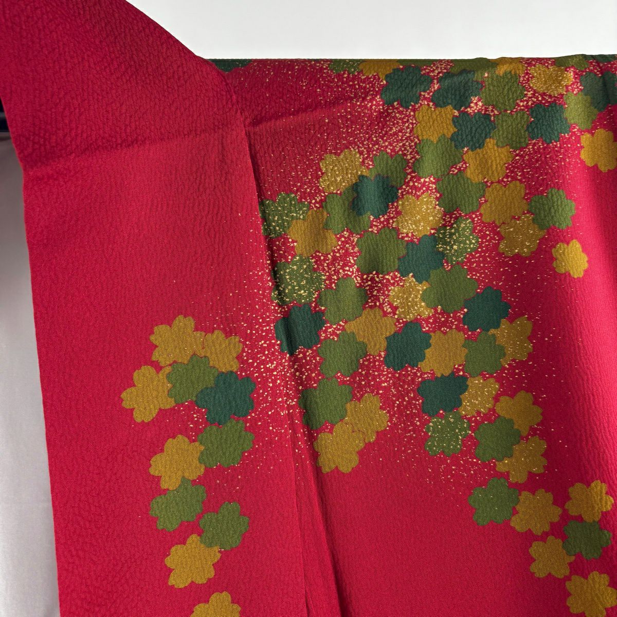 【美品】振袖禮服 身長159cm 袖長64.5cm M 雙層 袋帶全套 樱花地紋 金彩裝飾 深紅 純蠶絲 優品級