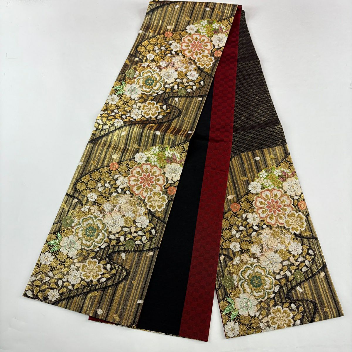 【美品】振袖禮服 身長159cm 袖長64.5cm M 雙層 袋帶全套 樱花地紋 金彩裝飾 深紅 純蠶絲 優品級