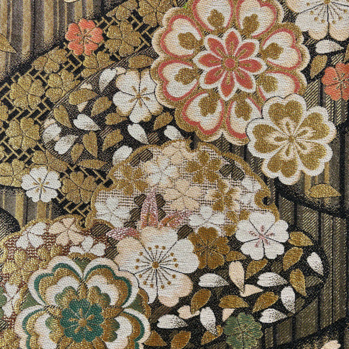 【美品】振袖禮服 身長159cm 袖長64.5cm M 雙層 袋帶全套 樱花地紋 金彩裝飾 深紅 純蠶絲 優品級