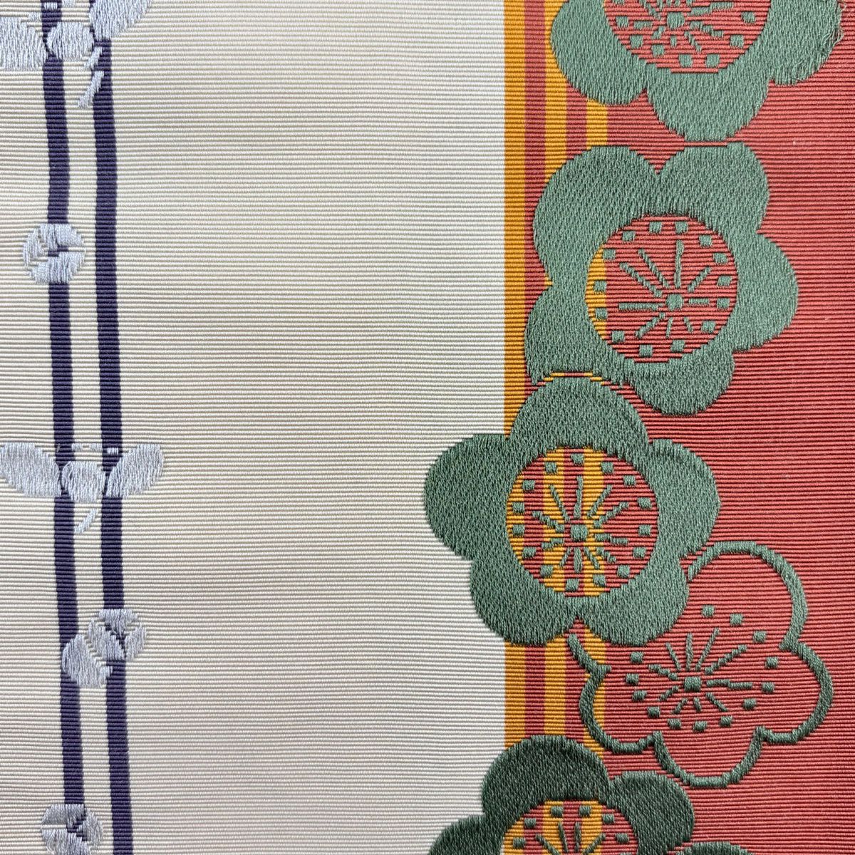 半幅帶 秀品級 證書附帶 博多織 梅花花 縞紋 奶油色 純蠶絲