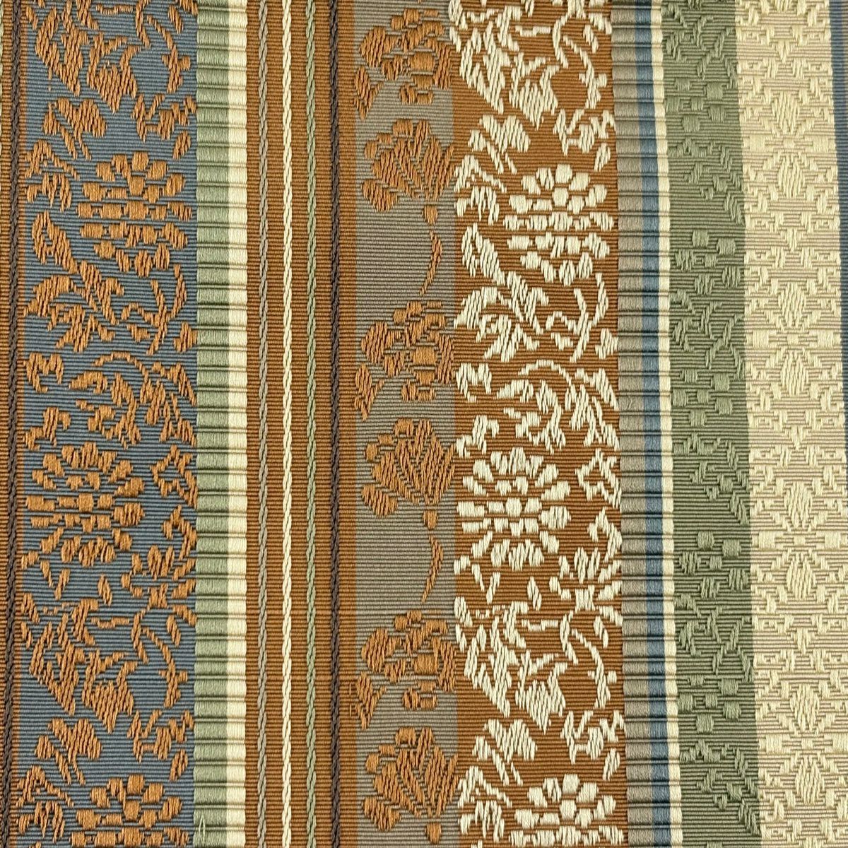 【美品】半幅帶 秀品級 草花紋紋 縞 山吹茶 純蠶絲