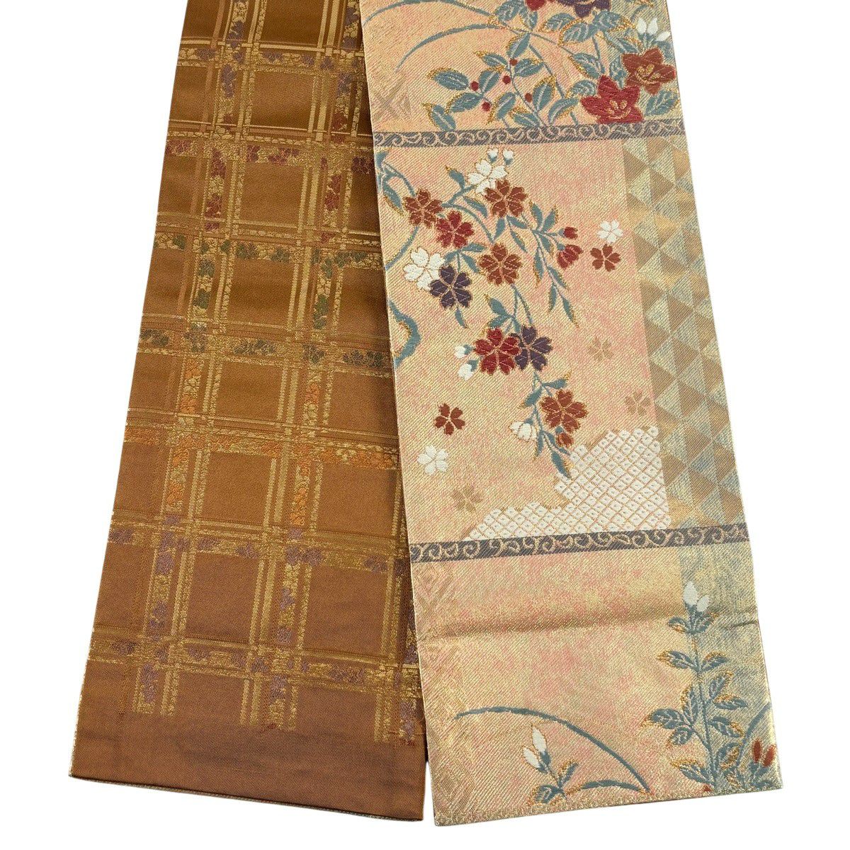 【美品】半幅帶 優品級 草花紋紋 金金箔 橙色 純蠶絲