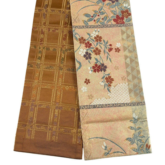 【美品】半幅帶 優品級 草花紋紋 金金箔 橙色 純蠶絲