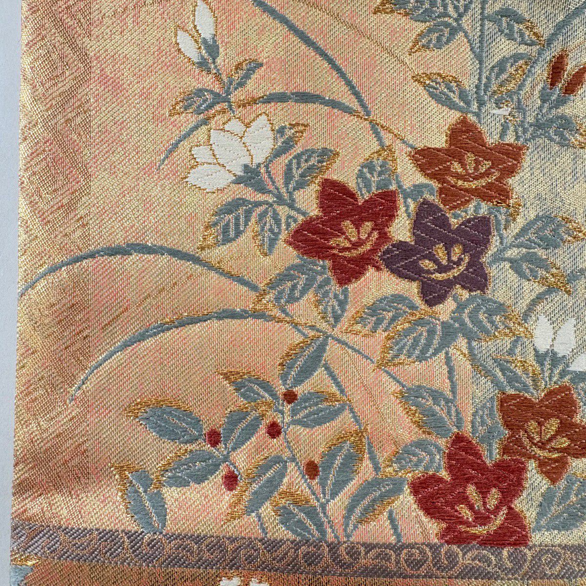 【美品】半幅帶 優品級 草花紋紋 金金箔 橙色 純蠶絲