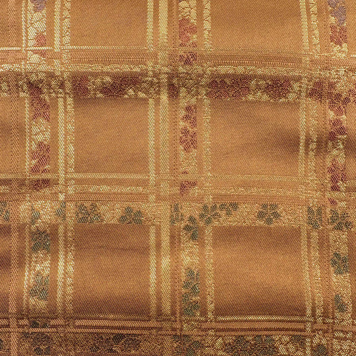 【美品】半幅帶 優品級 草花紋紋 金金箔 橙色 純蠶絲