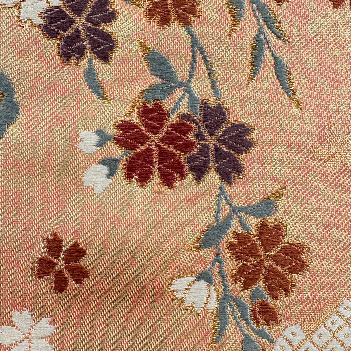 【美品】半幅帶 優品級 草花紋紋 金金箔 橙色 純蠶絲