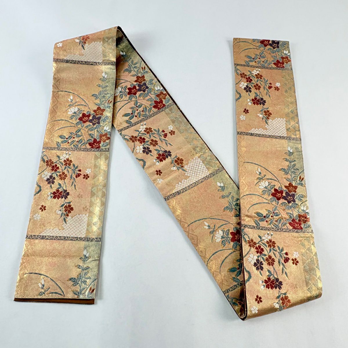 【美品】半幅帶 優品級 草花紋紋 金金箔 橙色 純蠶絲