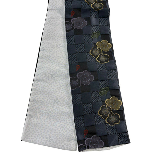 【美品】半幅帶 優品級 梅花 市松樹 深藍 化纖