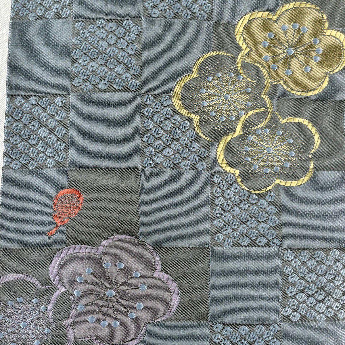 【美品】半幅帶 優品級 梅花 市松樹 深藍 化纖