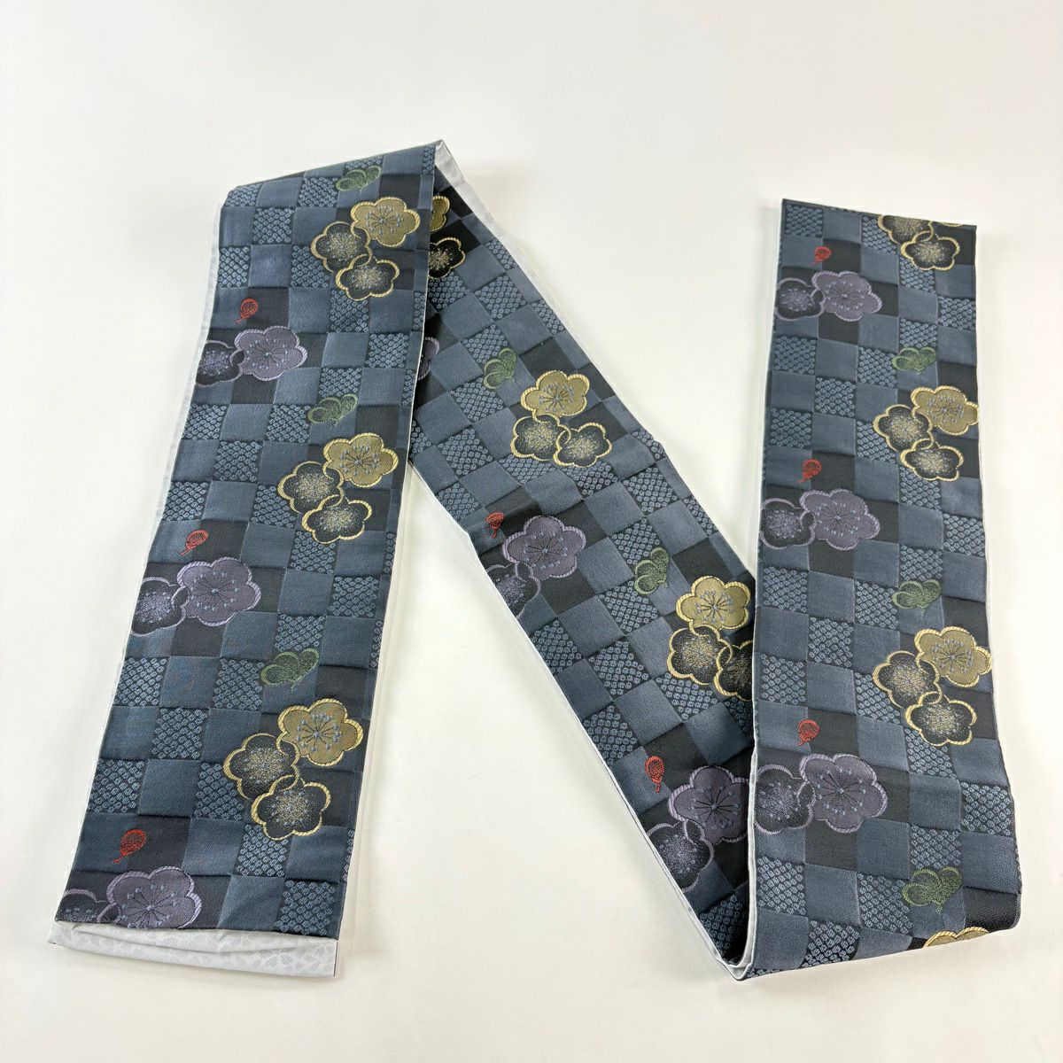 【美品】半幅帶 優品級 梅花 市松樹 深藍 化纖