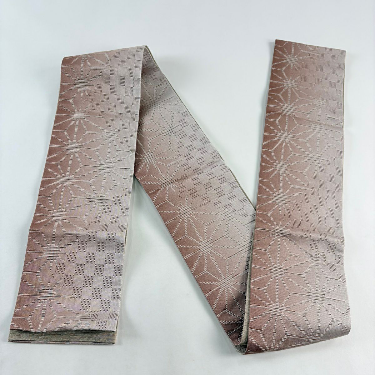 【美品】半幅帶 優品級 市松樹 麻葉 茶 化纖
