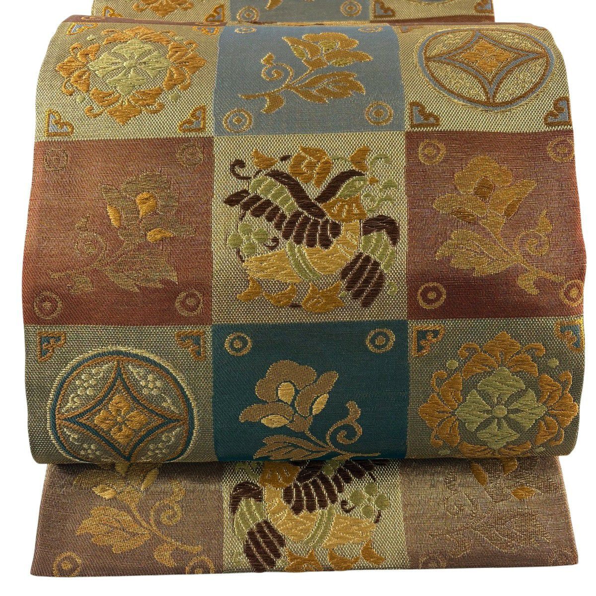 【美品】 袋帶 名品級 正倉院華紋 花喰鳥 金絲 刺繡 金 六通 純蠶絲