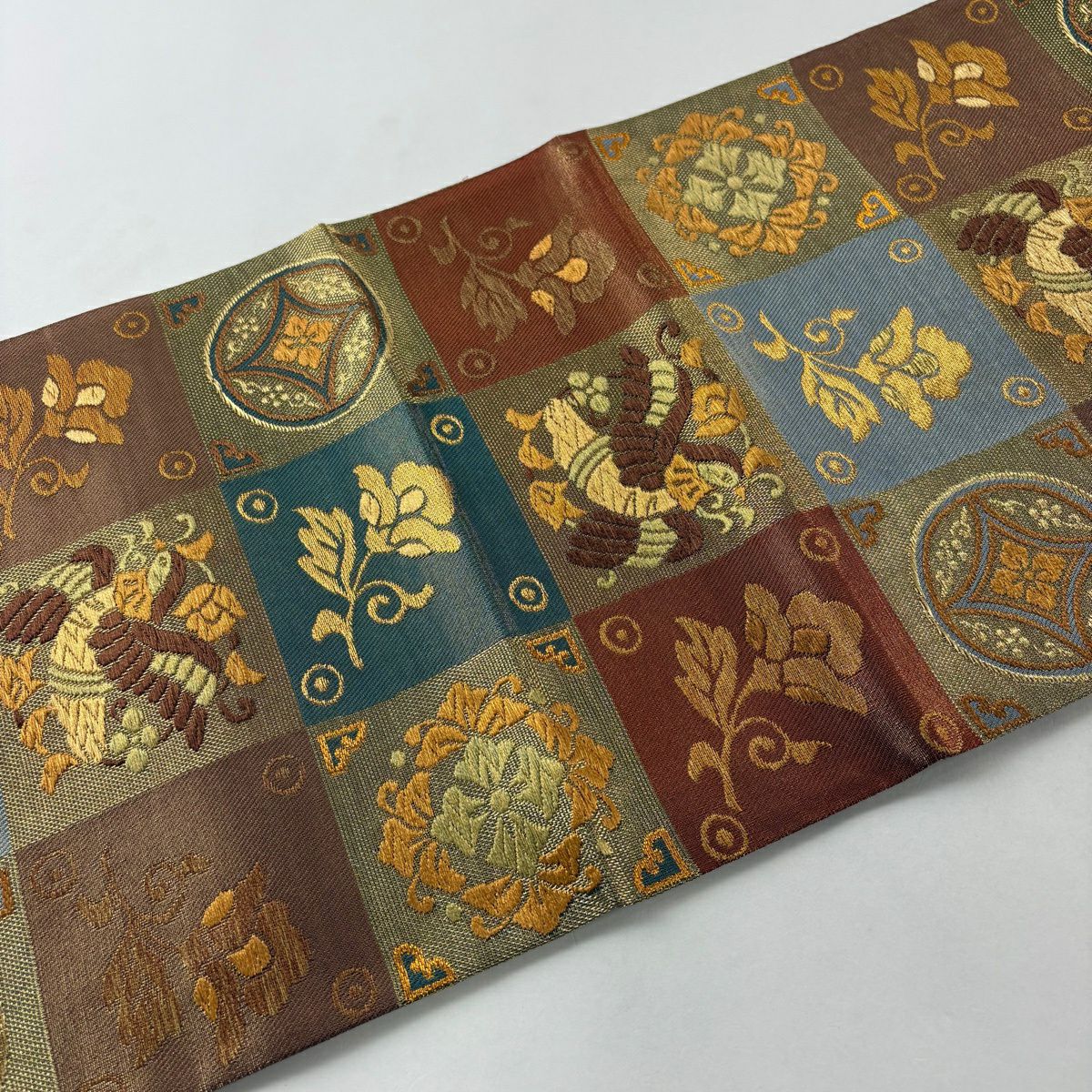 【美品】 袋帶 名品級 正倉院華紋 花喰鳥 金絲 刺繡 金 六通 純蠶絲