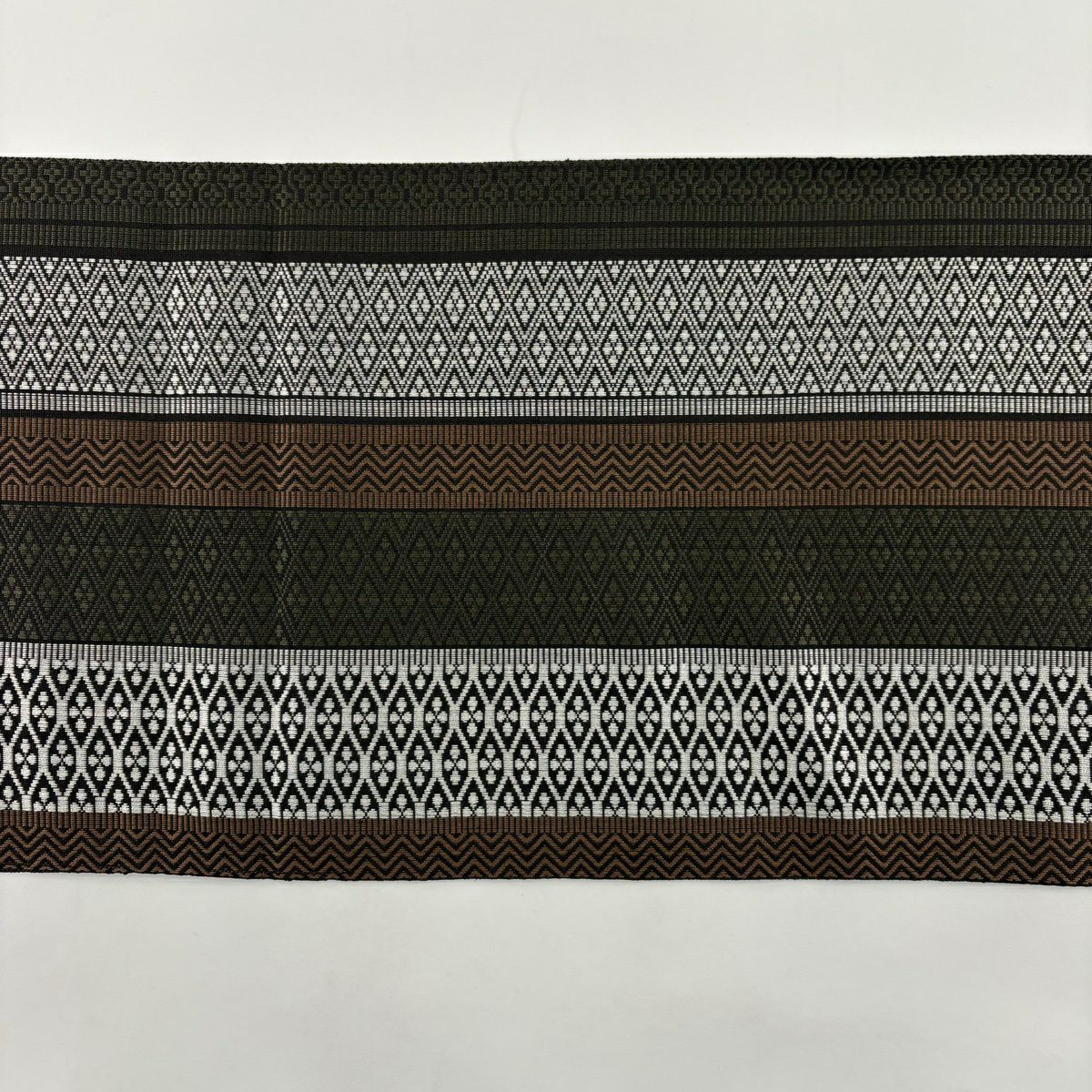 【美品】名古屋帶 名品級 八寸名古屋帶 菱形 幾何圖案 茶綠 純蠶絲