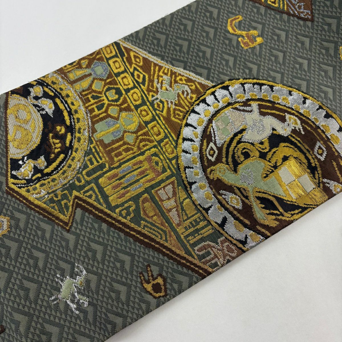 【美品】 袋帶 名品級 鳥 幾何圖案 金銀彩 金金箔 灰綠 六通 純蠶絲