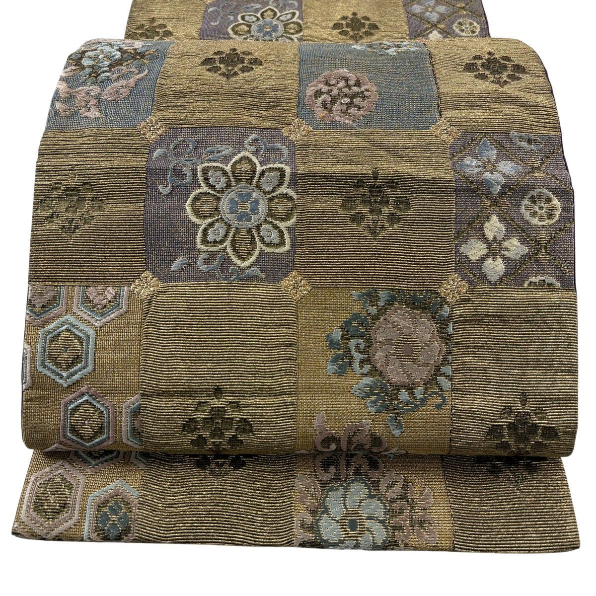 袋帶 名品級 鈴乃屋 花兔 華紋 刺繡 金絲 金 六通 純蠶絲