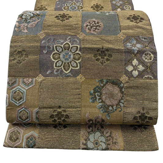 袋帶 名品級 鈴乃屋 花兔 華紋 刺繡 金絲 金 六通 純蠶絲