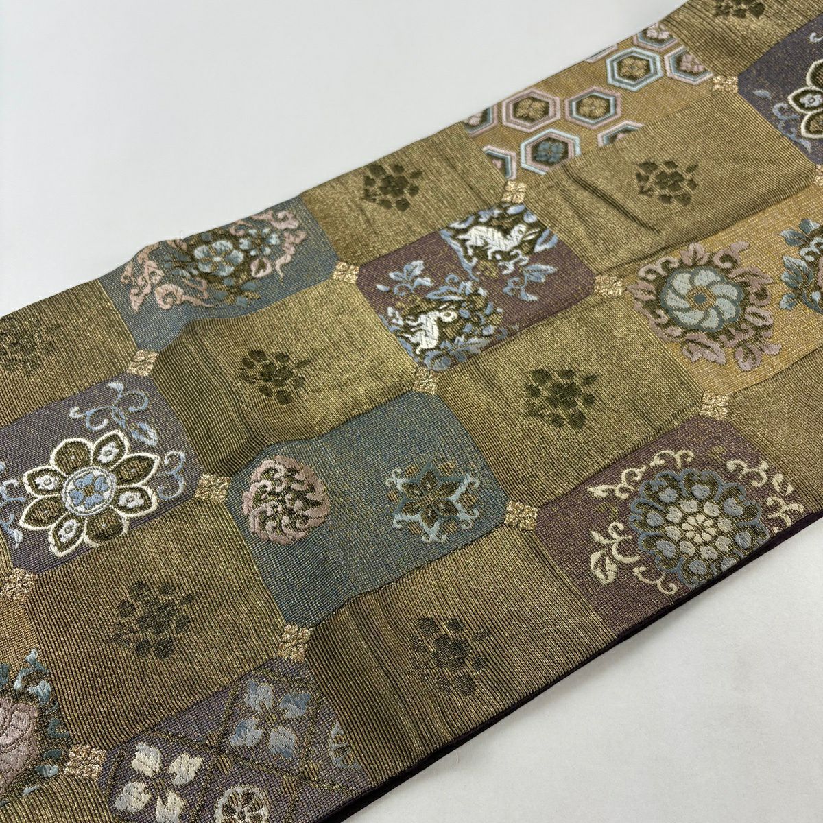袋帶 名品級 鈴乃屋 花兔 華紋 刺繡 金絲 金 六通 純蠶絲