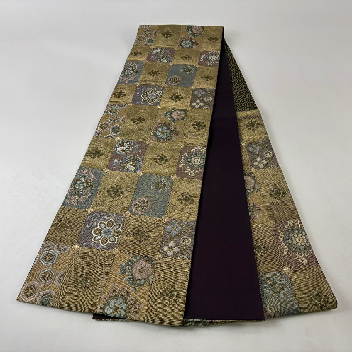 袋帶 名品級 鈴乃屋 花兔 華紋 刺繡 金絲 金 六通 純蠶絲