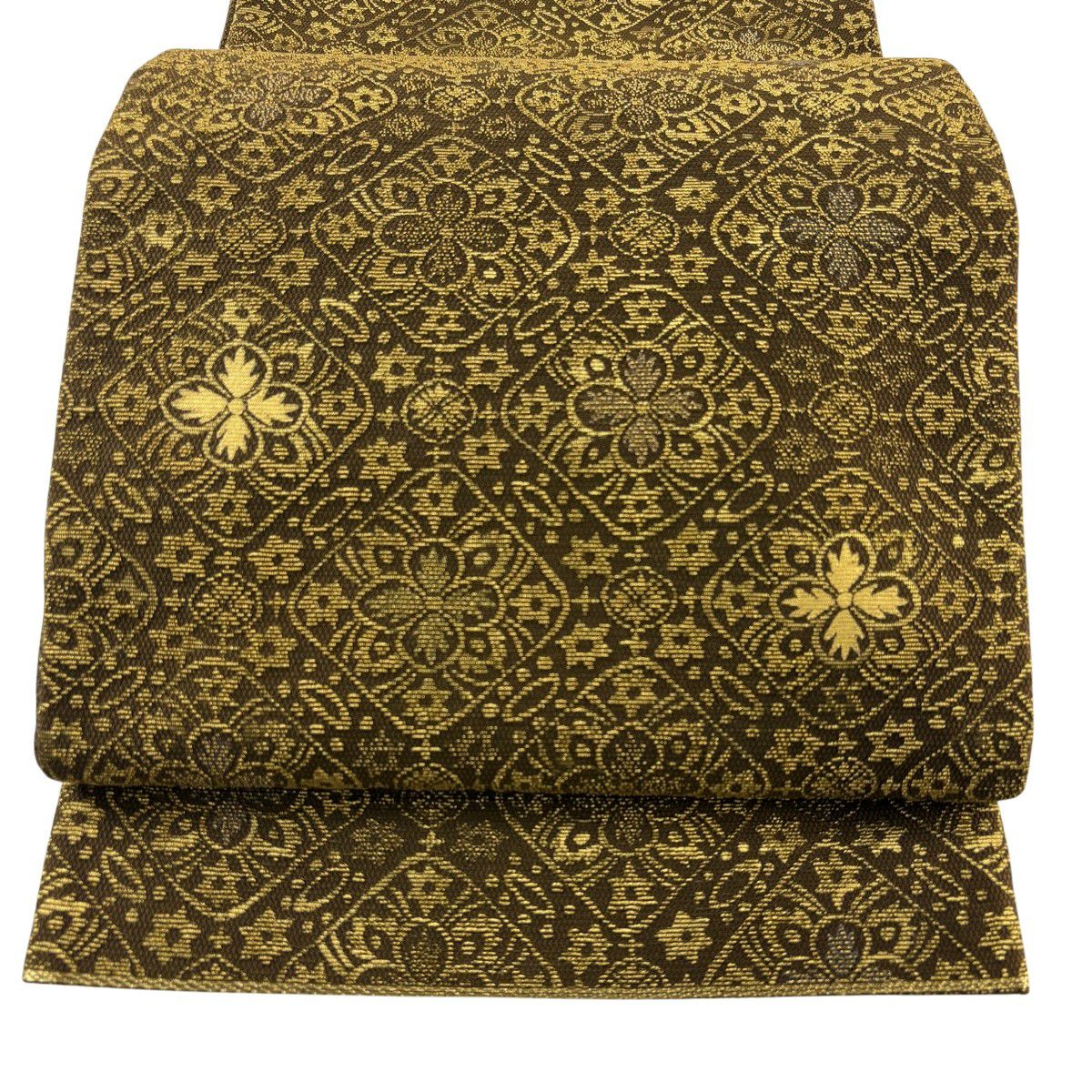 【美品】 袋帶 名品級 花 菱 金絲 金銀彩 焦茶 純蠶絲