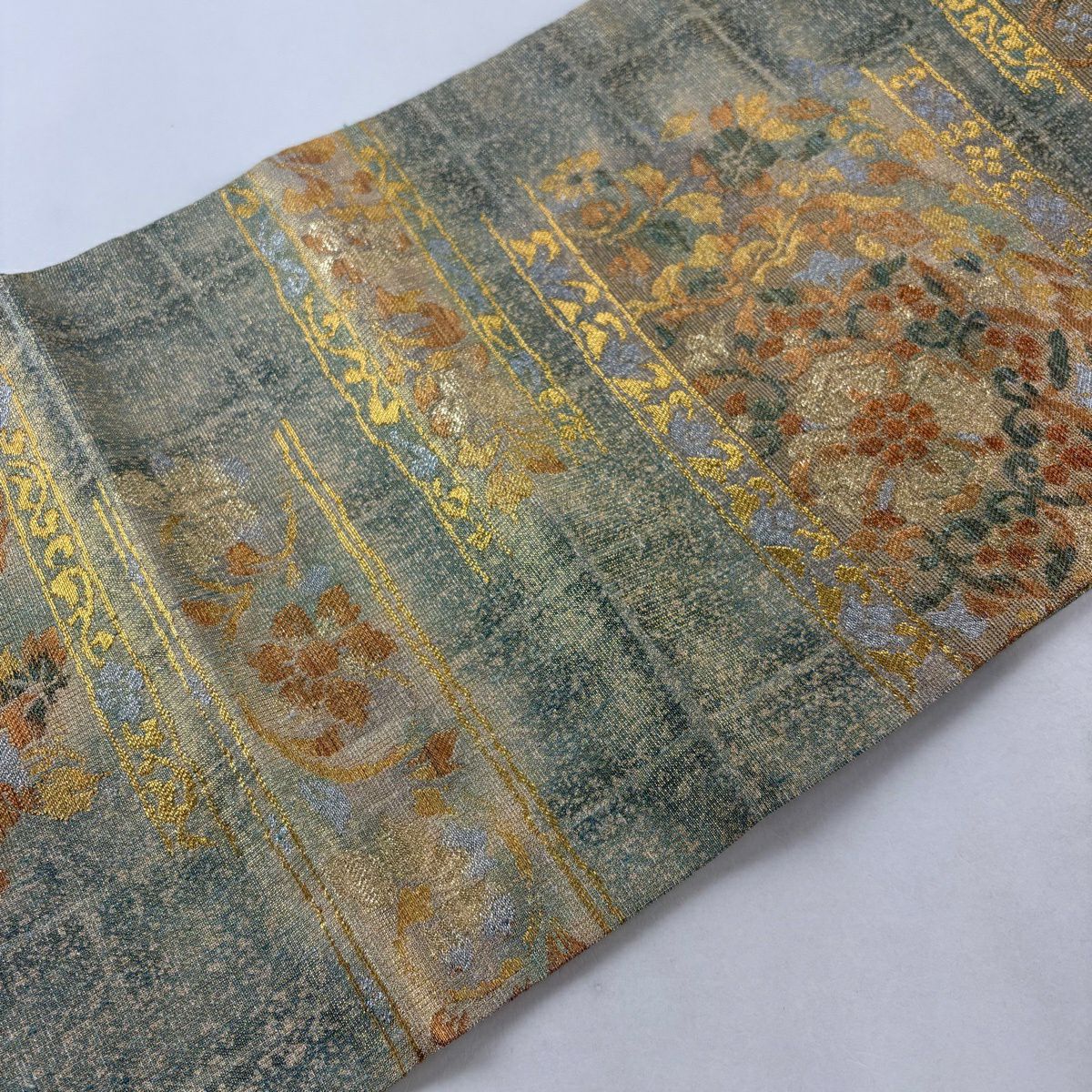 【美品】 袋帶 名品級 華紋 草花紋 金糸 金金箔 灰綠 六通 純蠶絲