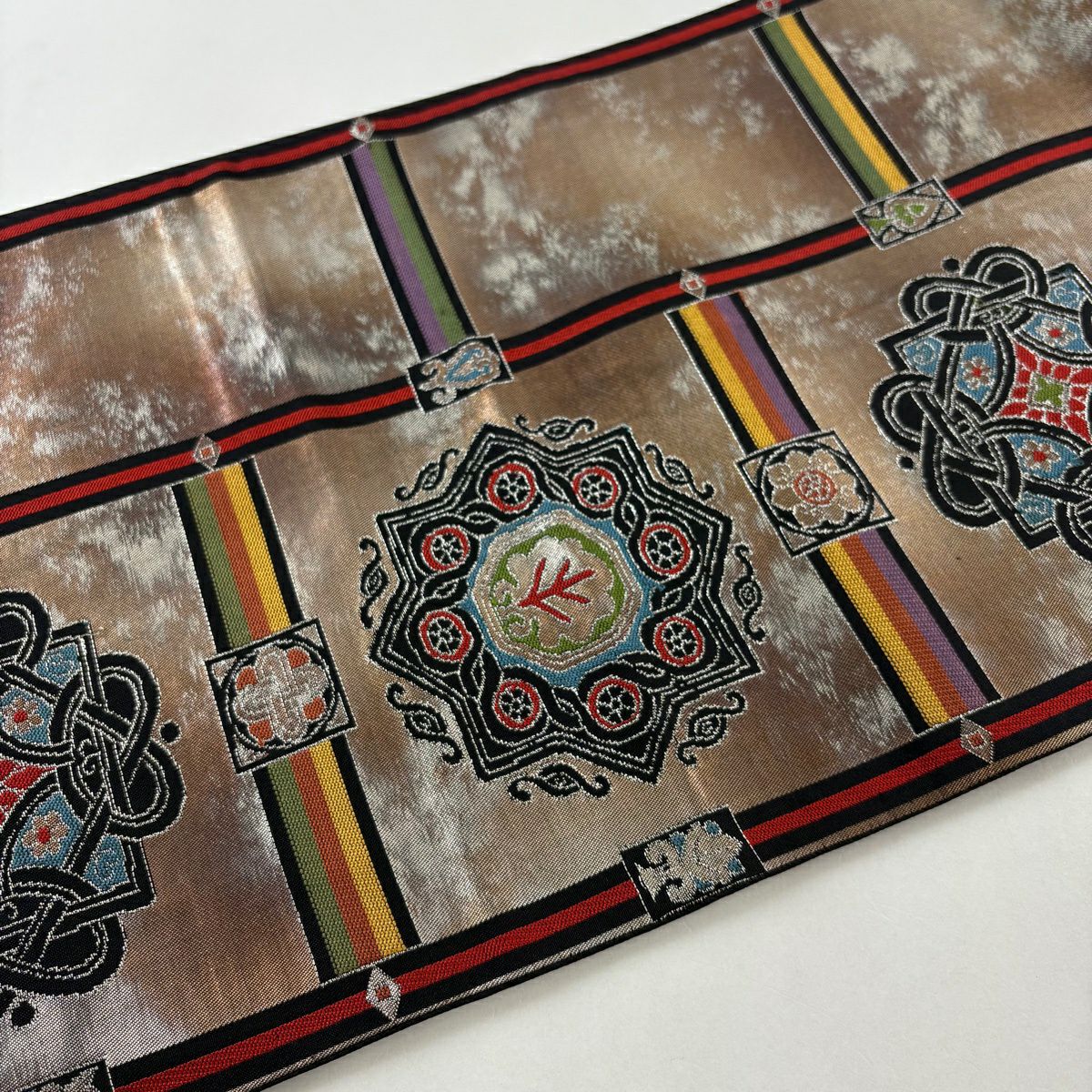 袋帶 名品級 洛陽織物 證書齊全 華紋 銀線 金金箔 淺小豆 六通 純蠶絲