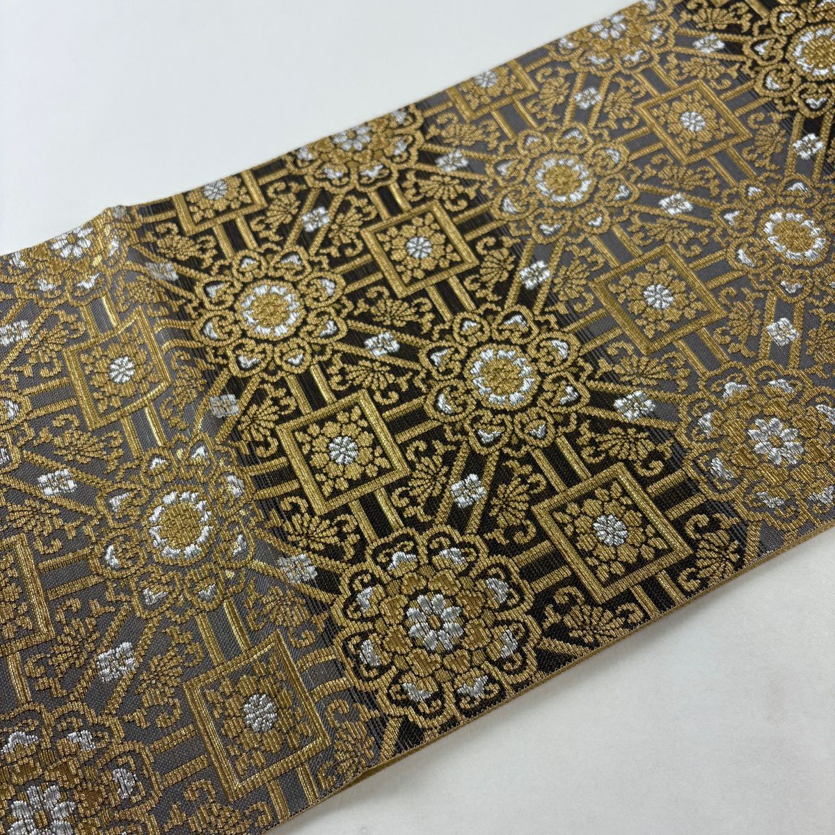 袋帶 名品級 華紋 草花紋 金銀絲 金金箔 黑灰 六通 純蠶絲