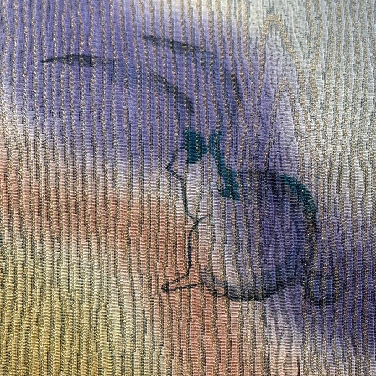 【美品】 袋帶 名品級 手先二通り 大和 兔子 葉 金絲 紫色 大鼓圖案 純蠶絲
