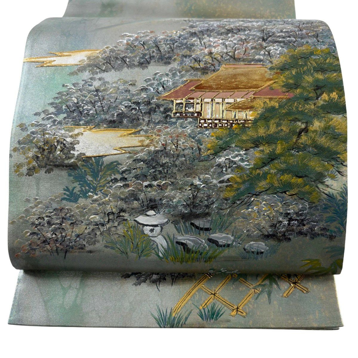 【美品】 袋帶 名品級 落款あり 建築物 樹木 螺鈿 金銀彩 灰綠 お太鼓柄 純蠶絲