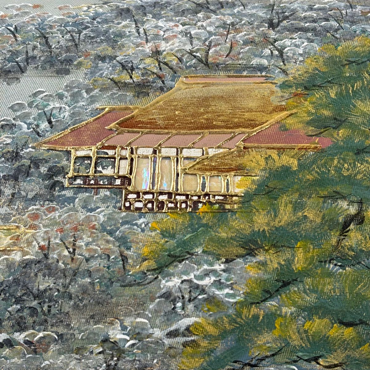 【美品】 袋帶 名品級 落款あり 建築物 樹木 螺鈿 金銀彩 灰綠 お太鼓柄 純蠶絲