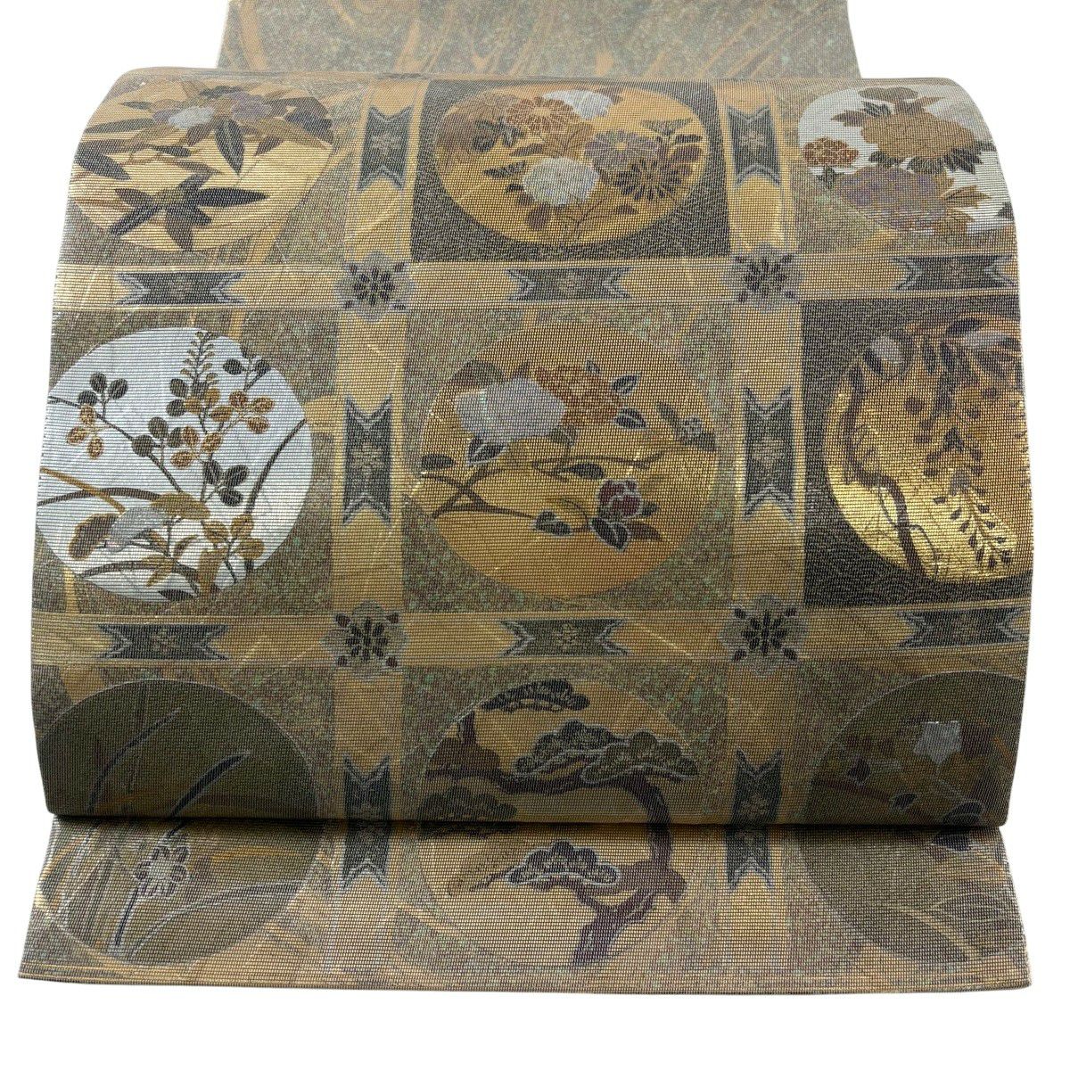 【美品】 袋帶 名品級 格天井琳派圓文 草花紋 螺鈿金金箔 灰綠 お太鼓圖案 純蠶絲
