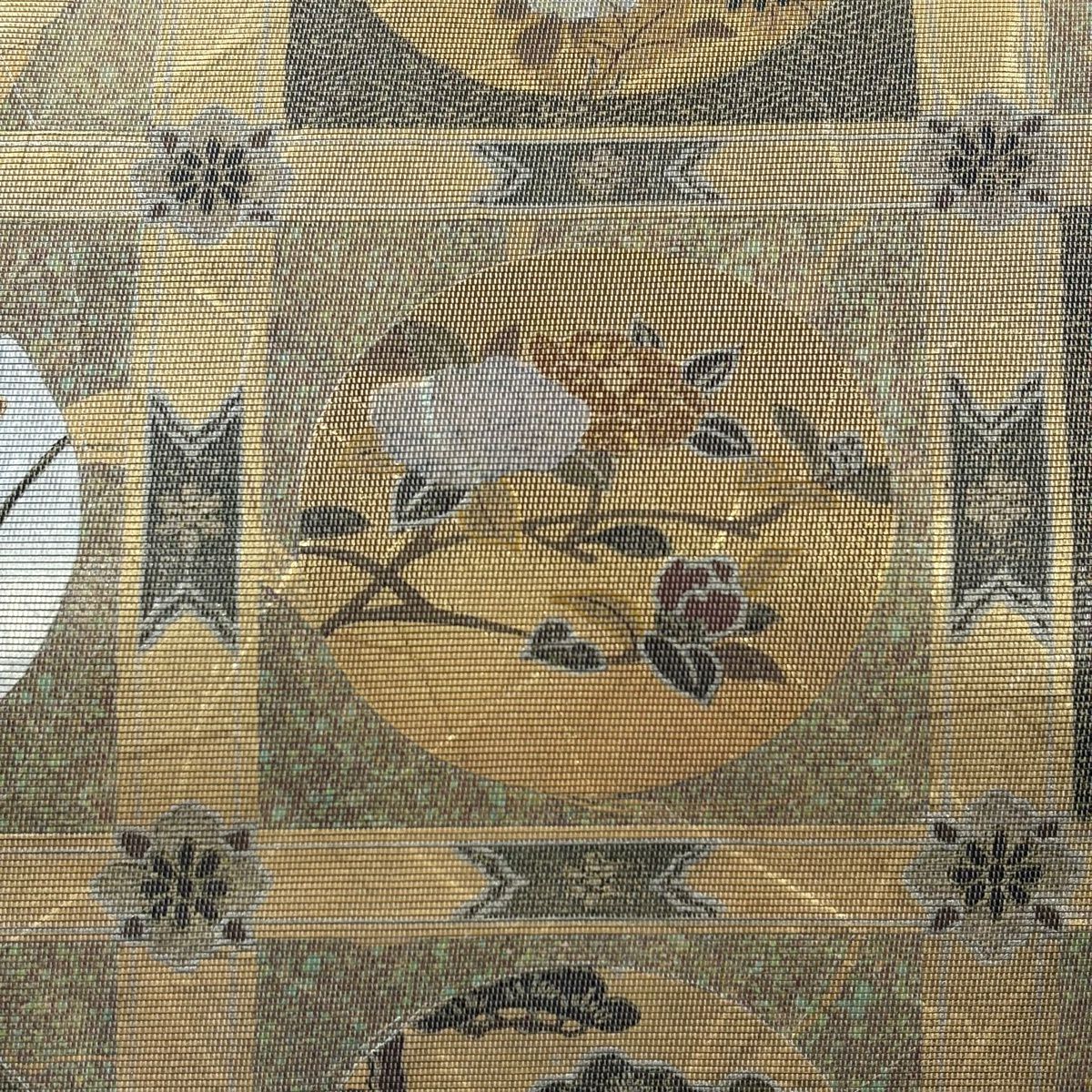 【美品】 袋帶 名品級 格天井琳派圓文 草花紋 螺鈿金金箔 灰綠 お太鼓圖案 純蠶絲