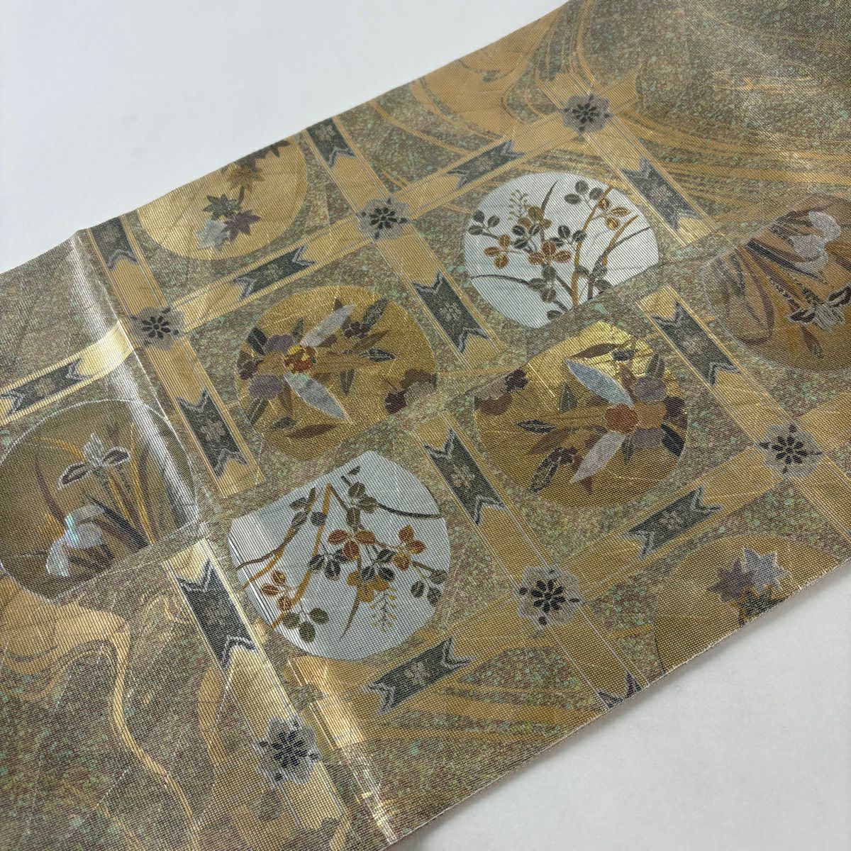 【美品】 袋帶 名品級 格天井琳派圓文 草花紋 螺鈿金金箔 灰綠 お太鼓圖案 純蠶絲
